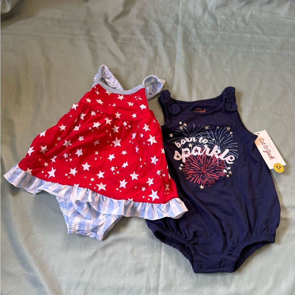 NWT Cat & Jack Newborn Baby Girl’s Patriotic Outfits, 2 Pack